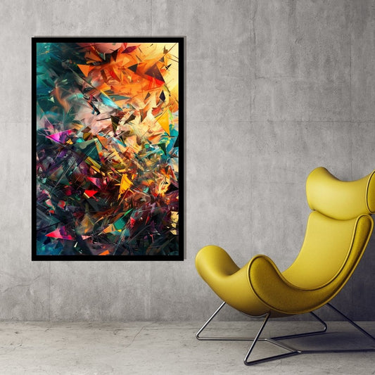 “Fragmented Reality” by ArtixHub – colorful abstract canvas wall art with layered geometric patterns in red, orange, teal, and charcoal, ideal for game rooms, studios, or creative office spaces. This high-energy piece adds rhythm and complexity to UAE homes looking for bold visual storytelling through modern design.