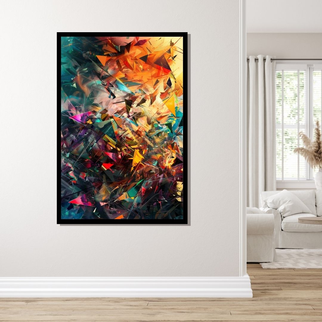 “Fragmented Reality” by ArtixHub – colorful abstract canvas wall art with layered geometric patterns in red, orange, teal, and charcoal, ideal for game rooms, studios, or creative office spaces. This high-energy piece adds rhythm and complexity to UAE homes looking for bold visual storytelling through modern design.