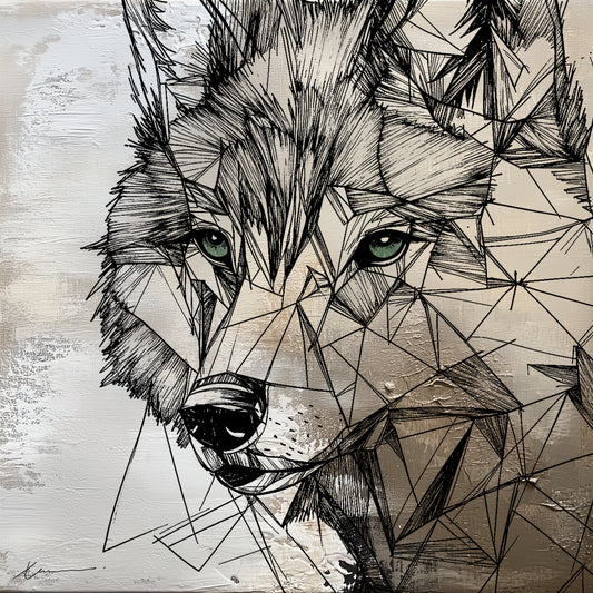 “Garnish a Wolf” by Xennoir – abstract geometric wolf portrait in beige and black, symbolizing intuition, strength, and calm awareness.