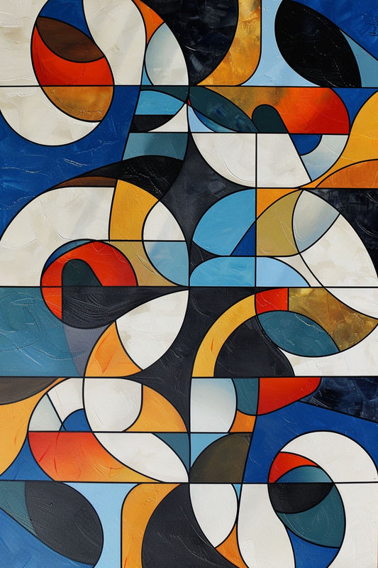 “Geometric Dance” by ArtixHub – bold abstract canvas wall art with dynamic geometric patterns in red, teal, black, and white tones, ideal for game rooms, modern offices, or studio spaces. This vibrant piece adds motion and structure to UAE homes that embrace contemporary design with playful energy.