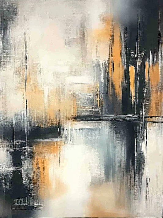 “Gleamfall” by Sarah Lemaire – abstract cityscape painting in ochre, black, and soft grey tones with vertical light reflections and bold contrast.