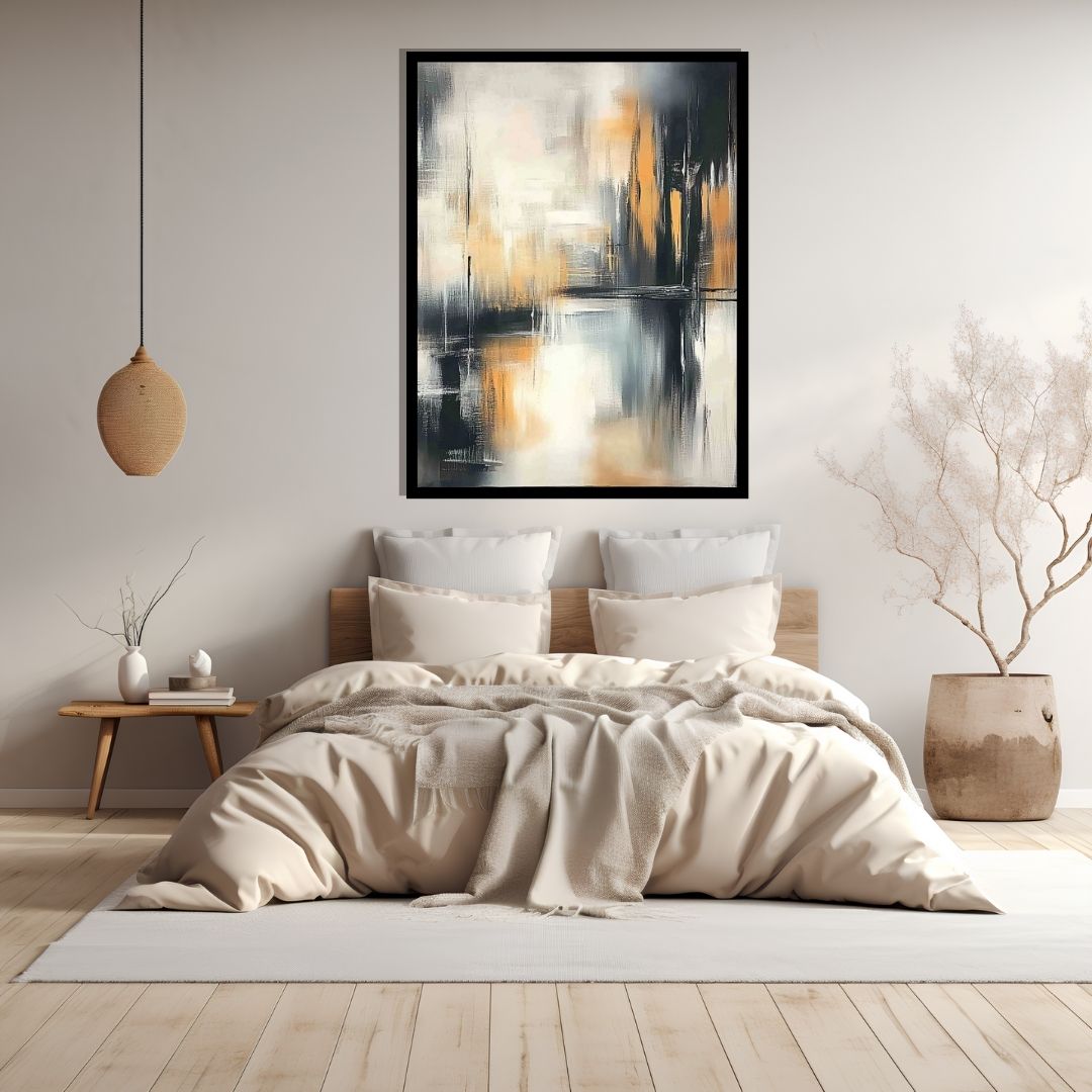 “Gleamfall” by Sarah Lemaire – abstract cityscape painting in ochre, black, and soft grey tones with vertical light reflections and bold contrast.