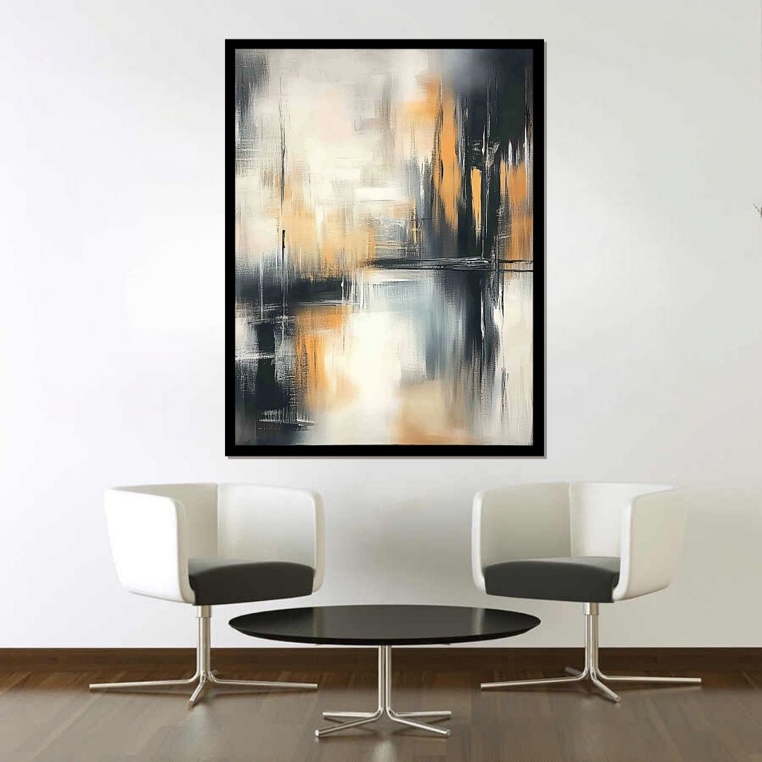 “Gleamfall” by Sarah Lemaire – abstract cityscape painting in ochre, black, and soft grey tones with vertical light reflections and bold contrast.
