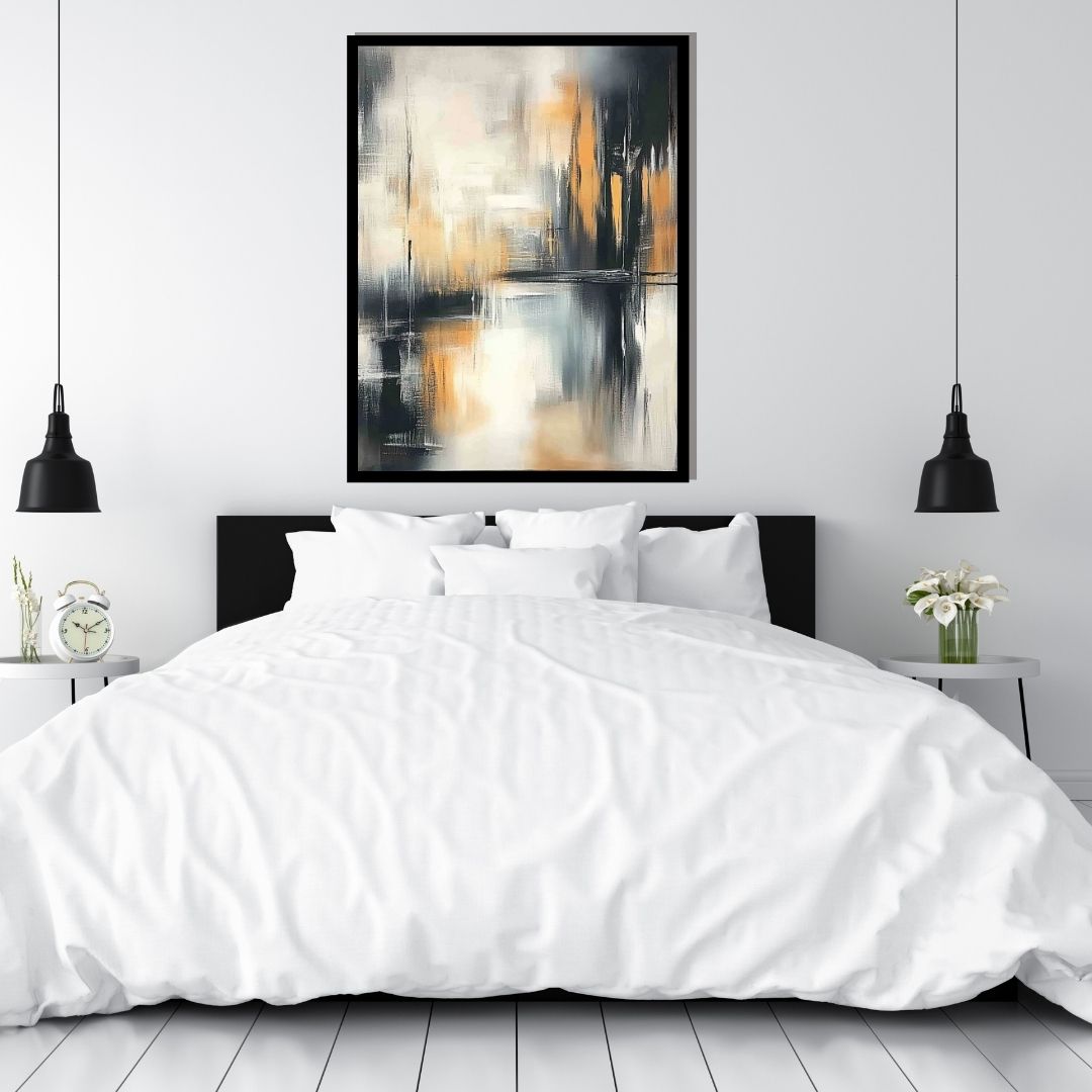“Gleamfall” by Sarah Lemaire – abstract cityscape painting in ochre, black, and soft grey tones with vertical light reflections and bold contrast.