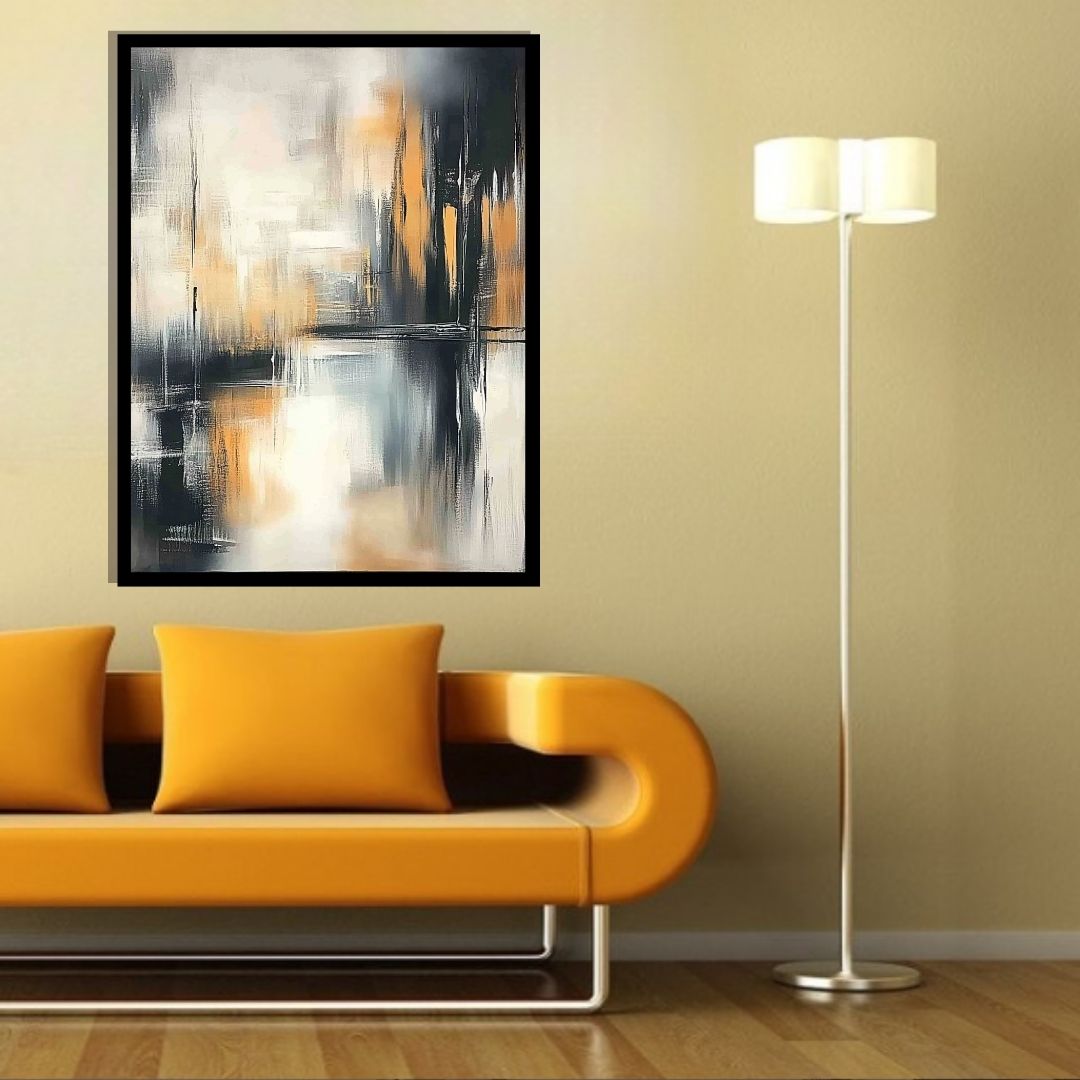 “Gleamfall” by Sarah Lemaire – abstract cityscape painting in ochre, black, and soft grey tones with vertical light reflections and bold contrast.