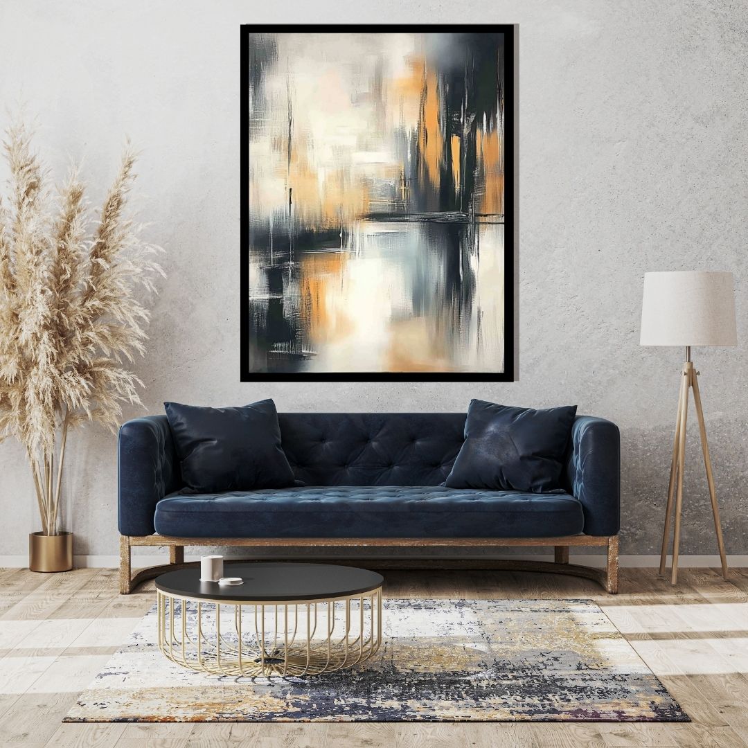 “Gleamfall” by Sarah Lemaire – abstract cityscape painting in ochre, black, and soft grey tones with vertical light reflections and bold contrast.