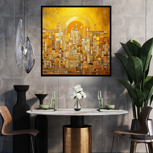 “Golden Heights” by ArtixHub – abstract canvas wall art showcasing golden mountain peaks layered in soft neutrals and muted gray-blue tones, ideal for entryways, bedrooms, or offices. This serene yet majestic piece adds elevation and harmony to UAE homes with modern or nature-inspired interiors.