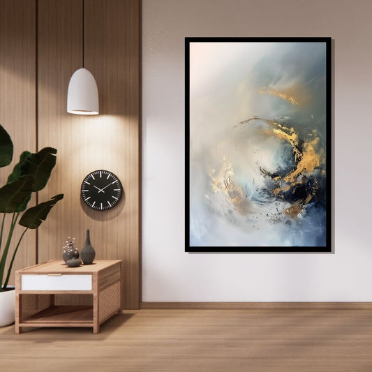 “Golden Reverie” by ArtixHub, abstract canvas wall art featuring flowing circular lines in gold