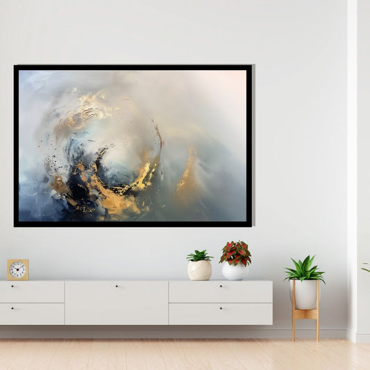 “Golden Reverie” by ArtixHub – abstract canvas wall art featuring flowing circular lines in gold, white, and muted gray tones, ideal for offices, hallways, or modern living rooms. A balanced and calming piece that blends motion with simplicity, perfect for UAE homes with refined, contemporary interiors.