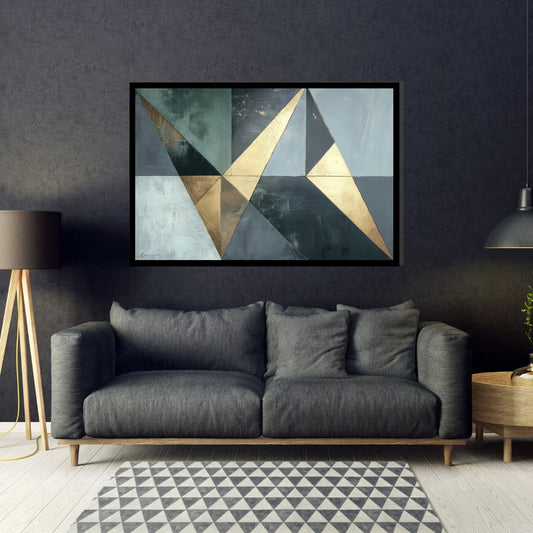 “Golden Victory” by Xennoir, abstract geometric painting in metallic gold and muted blue tones