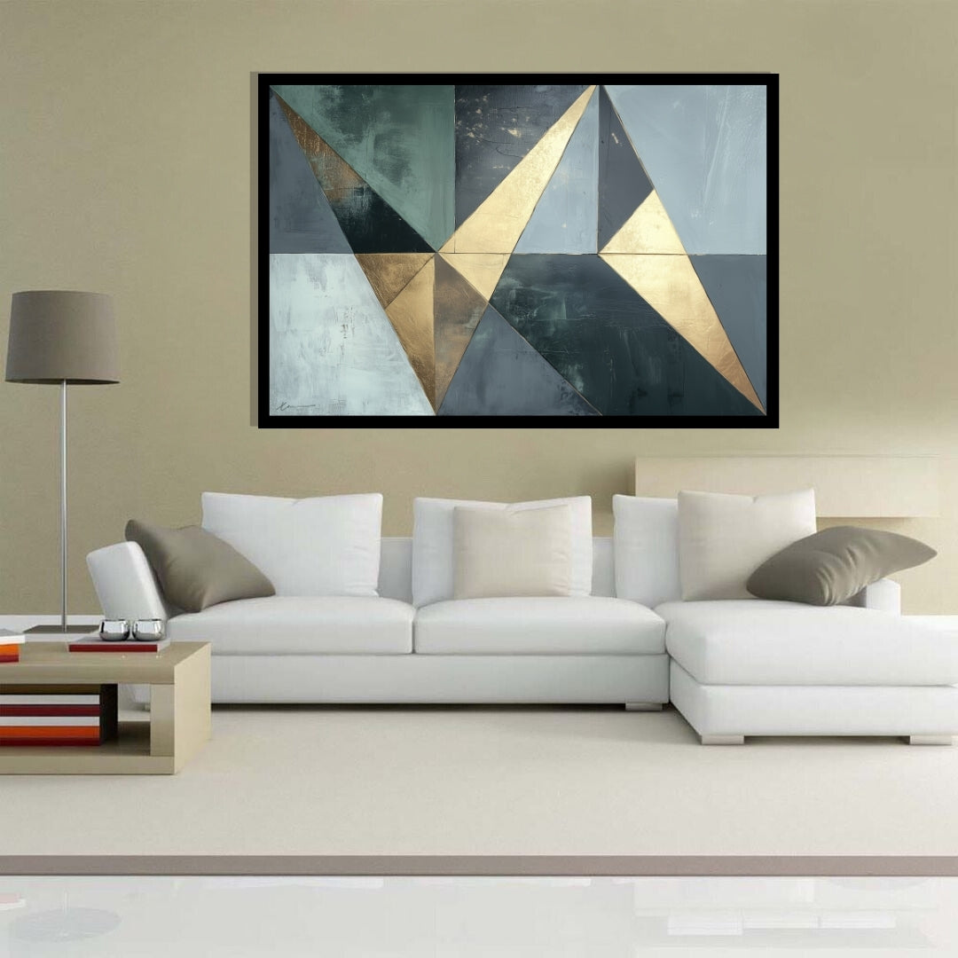 “Golden Victory” by Xennoir – abstract geometric painting in metallic gold and muted blue tones, symbolizing quiet strength, achievement, and transition.