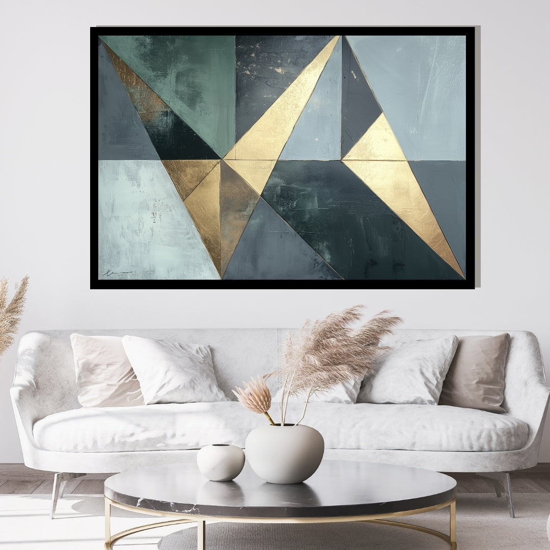 “Golden Victory” by Xennoir – abstract geometric painting in metallic gold and muted blue tones, symbolizing quiet strength, achievement, and transition.