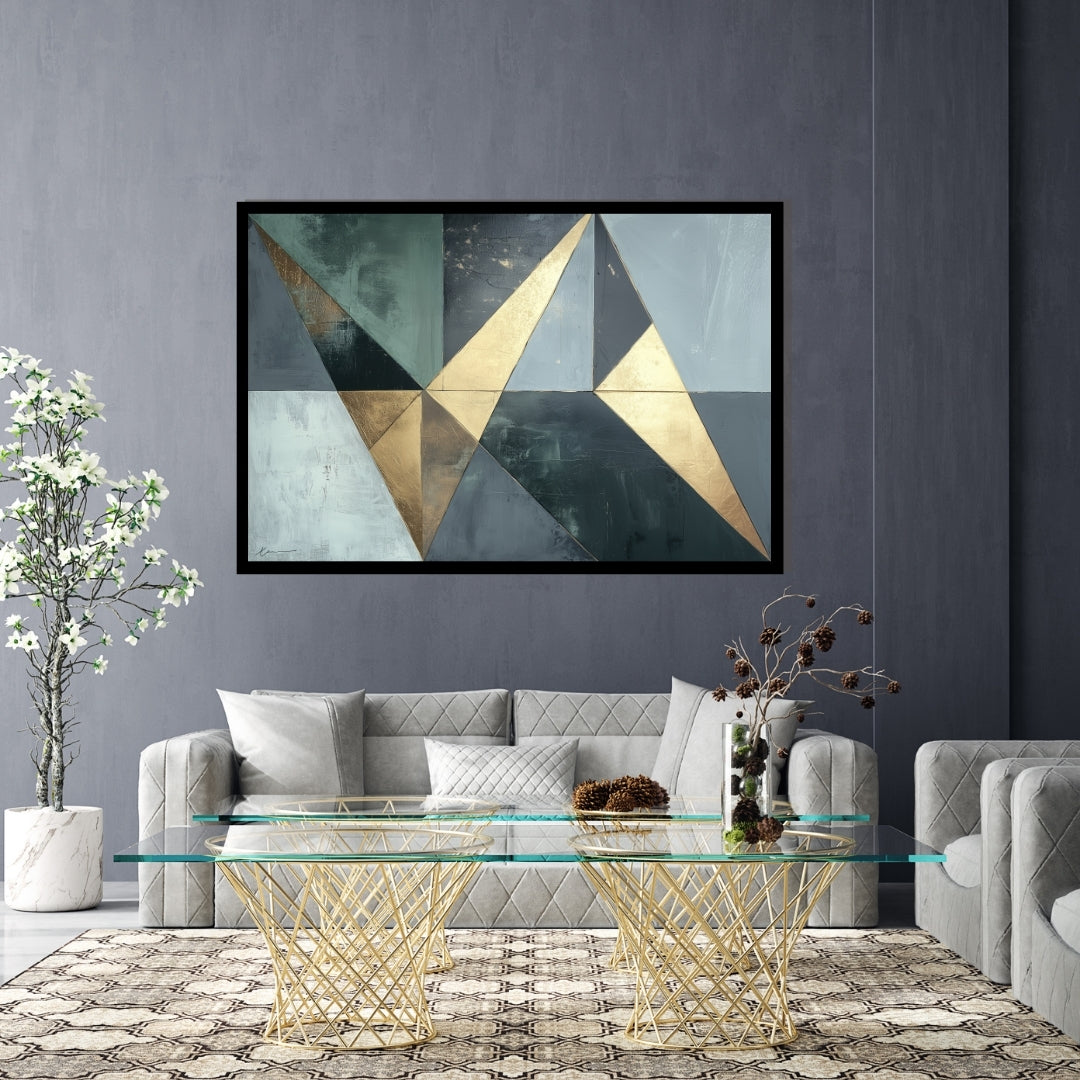 “Golden Victory” by Xennoir – abstract geometric painting in metallic gold and muted blue tones, symbolizing quiet strength, achievement, and transition.