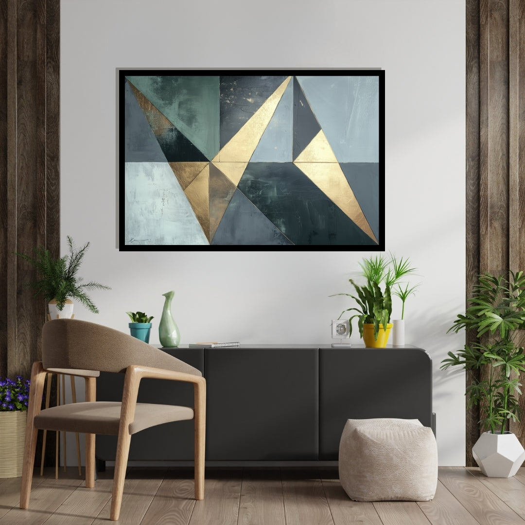 “Golden Victory” by Xennoir – abstract geometric painting in metallic gold and muted blue tones, symbolizing quiet strength, achievement, and transition.