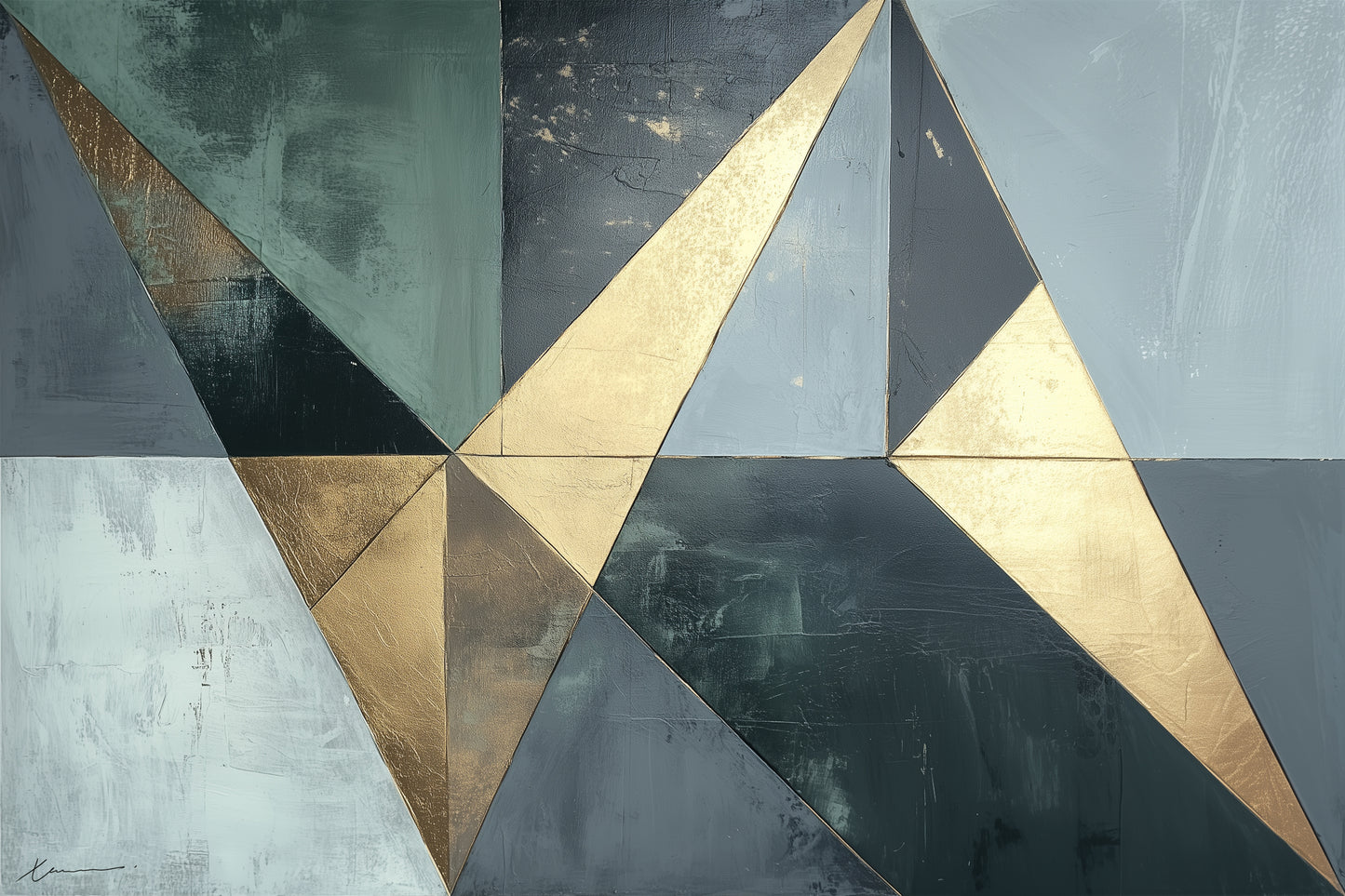 “Golden Victory” by Xennoir – abstract geometric painting in metallic gold and muted blue tones, symbolizing quiet strength, achievement, and transition.