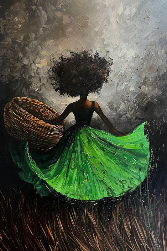 “Green Rhapsody” by ArtixHub – figurative canvas wall art featuring a woman in a flowing green dress standing in a vast field, with soft light and natural tones, ideal for bedrooms, dressing rooms, or wellness spaces. This poetic and peaceful painting evokes grace and freedom, perfect for UAE homes that embrace harmony with nature.