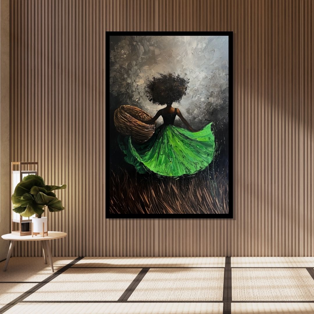 “Green Rhapsody” by ArtixHub – figurative canvas wall art featuring a woman in a flowing green dress standing in a vast field, with soft light and natural tones, ideal for bedrooms, dressing rooms, or wellness spaces. This poetic and peaceful painting evokes grace and freedom, perfect for UAE homes that embrace harmony with nature.