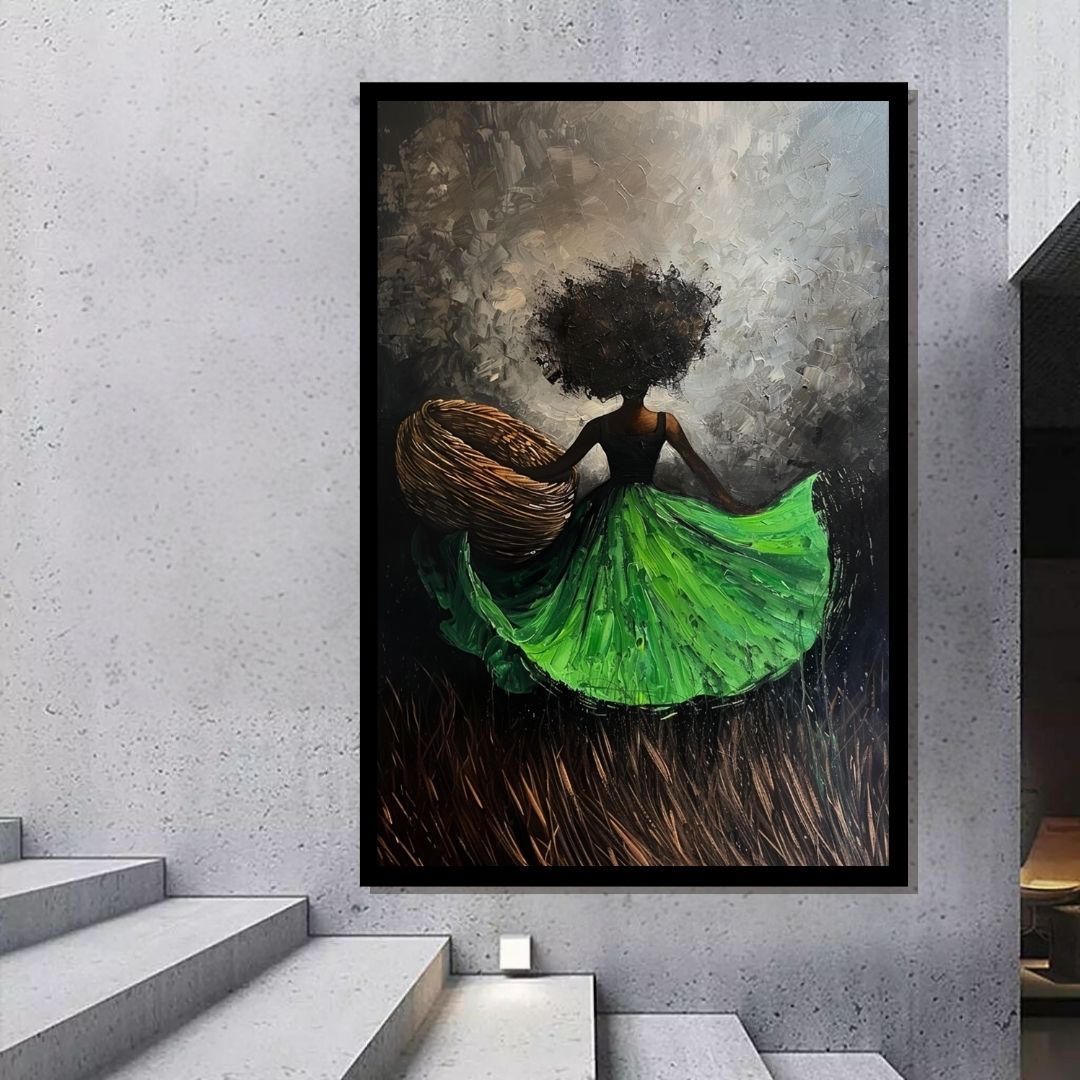 “Green Rhapsody” by ArtixHub – figurative canvas wall art featuring a woman in a flowing green dress standing in a vast field, with soft light and natural tones, ideal for bedrooms, dressing rooms, or wellness spaces. This poetic and peaceful painting evokes grace and freedom, perfect for UAE homes that embrace harmony with nature.