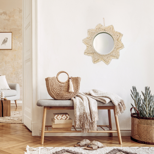 “Halo Mirror” by ArtixHub – handcrafted macramé sunburst mirror with cotton fringe radiating around a central glass, reflecting light and texture. Ideal for entryways, bathrooms, or living rooms, adding boho-chic illumination to UAE homes.