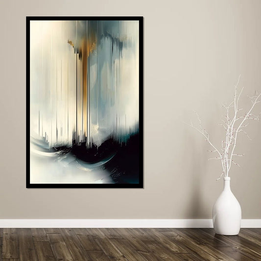 “Highrise Haze” by ArtixHub, abstract canvas wall art featuring a modern skyline in soft black