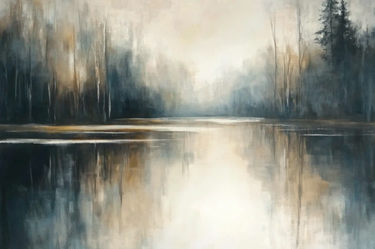 “Horizon Sync” by Sarah Lemaire – abstract riverbank painting with tree reflections and misty golden tones blending horizon and water in a tranquil landscape.