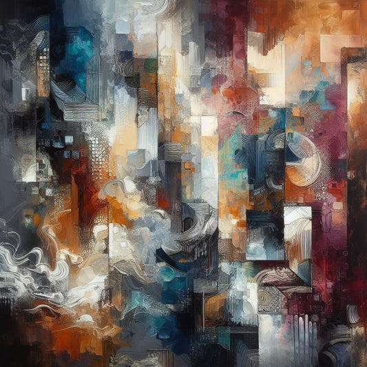 “Hues in Motion” by ArtixHub – abstract expressionist canvas wall art bursting with layered brushstrokes in yellow, teal, crimson, and soft gray, ideal for game rooms, studios, or creative office spaces. This energetic painting brings bold emotion and movement to UAE homes seeking vivid, contemporary statement pieces.