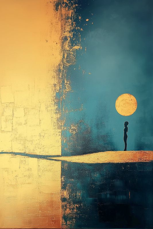 “Hush” by Valerii – minimalist surreal abstract canvas of a lone figure facing a golden sun, standing at the edge of shadow and silence. Limited edition available at www.artixhub.com