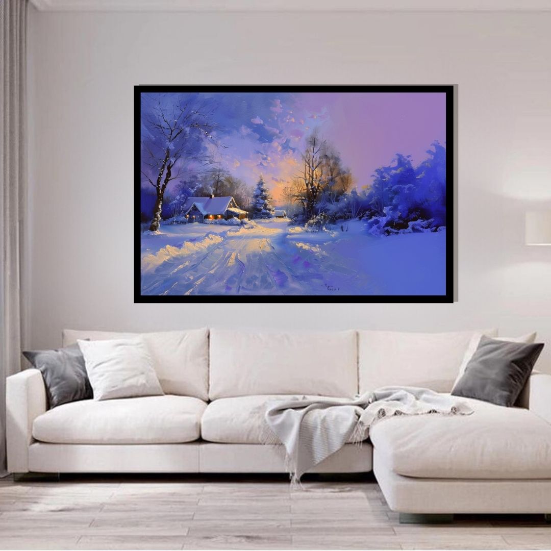 “Icy Serenade” by ArtixHub – landscape winter canvas wall art featuring a snow-covered cabin nestled in a serene white landscape with soft blues and muted grays, ideal for bedrooms, reading nooks, or wellness spaces. This tranquil scene brings peaceful charm and seasonal warmth to UAE homes seeking cozy and calming visual stories.