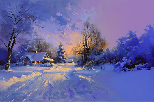 “Icy Serenade” by ArtixHub – landscape winter canvas wall art featuring a snow-covered cabin nestled in a serene white landscape with soft blues and muted grays, ideal for bedrooms, reading nooks, or wellness spaces. This tranquil scene brings peaceful charm and seasonal warmth to UAE homes seeking cozy and calming visual stories.