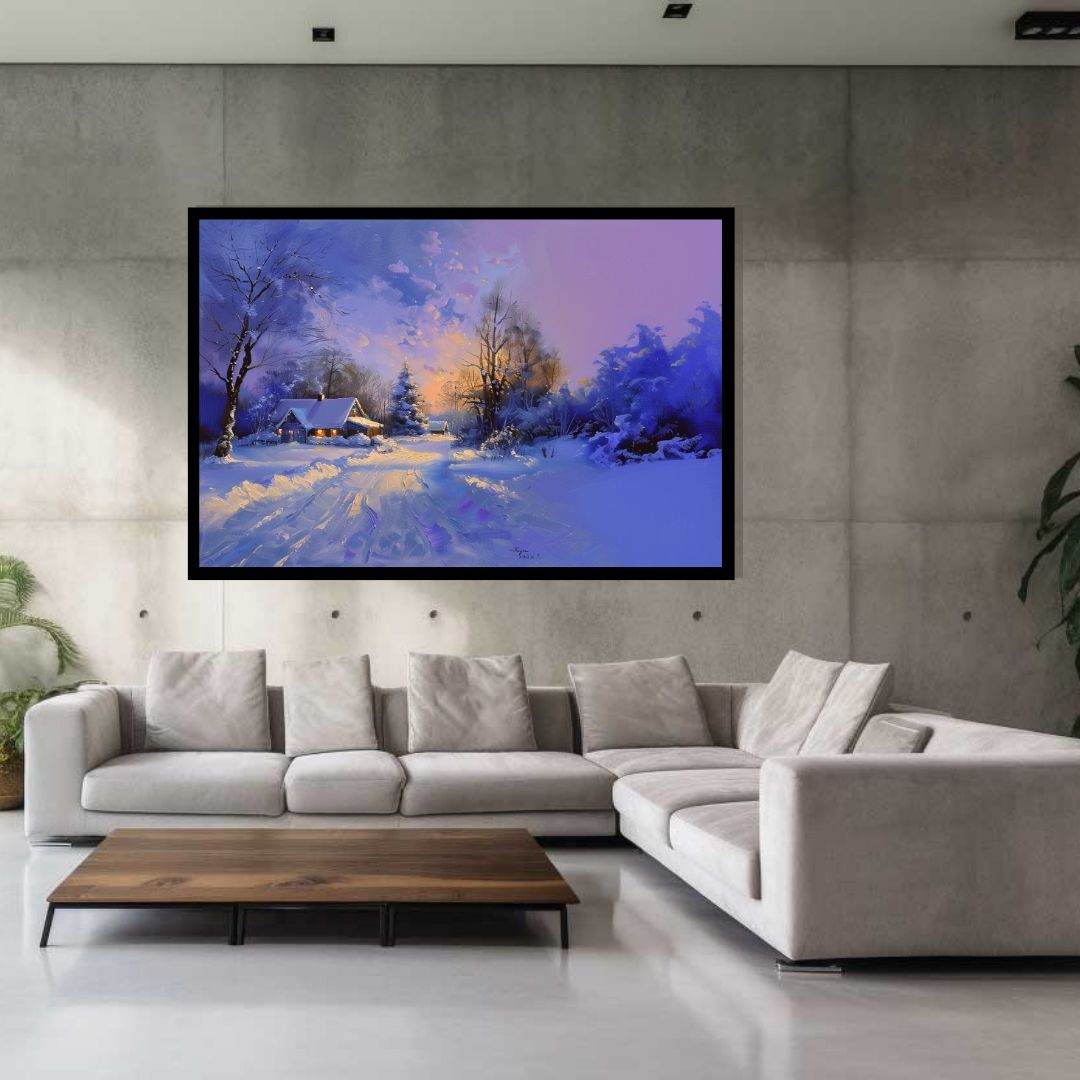 “Icy Serenade” by ArtixHub – landscape winter canvas wall art featuring a snow-covered cabin nestled in a serene white landscape with soft blues and muted grays, ideal for bedrooms, reading nooks, or wellness spaces. This tranquil scene brings peaceful charm and seasonal warmth to UAE homes seeking cozy and calming visual stories.