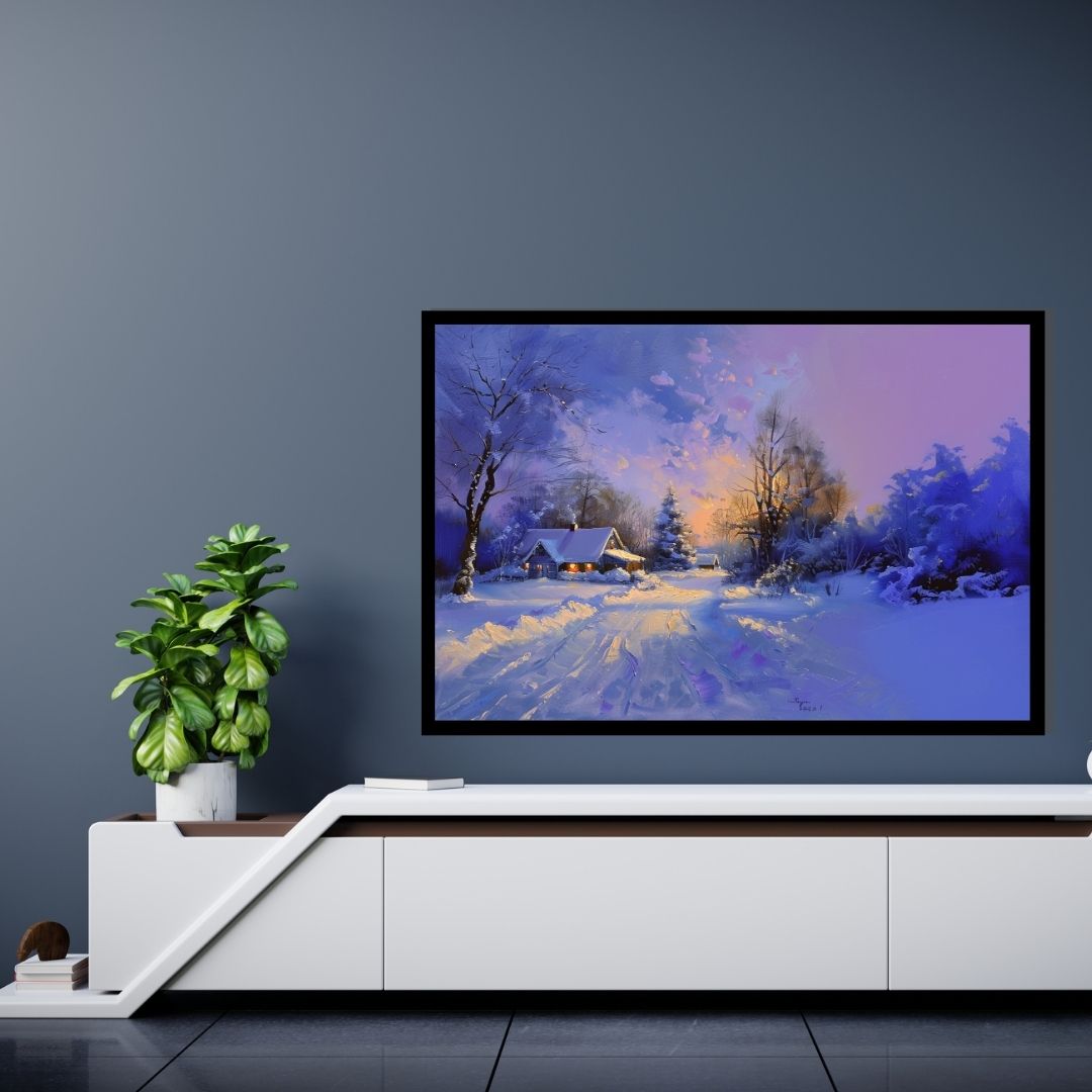 “Icy Serenade” by ArtixHub – landscape winter canvas wall art featuring a snow-covered cabin nestled in a serene white landscape with soft blues and muted grays, ideal for bedrooms, reading nooks, or wellness spaces. This tranquil scene brings peaceful charm and seasonal warmth to UAE homes seeking cozy and calming visual stories.
