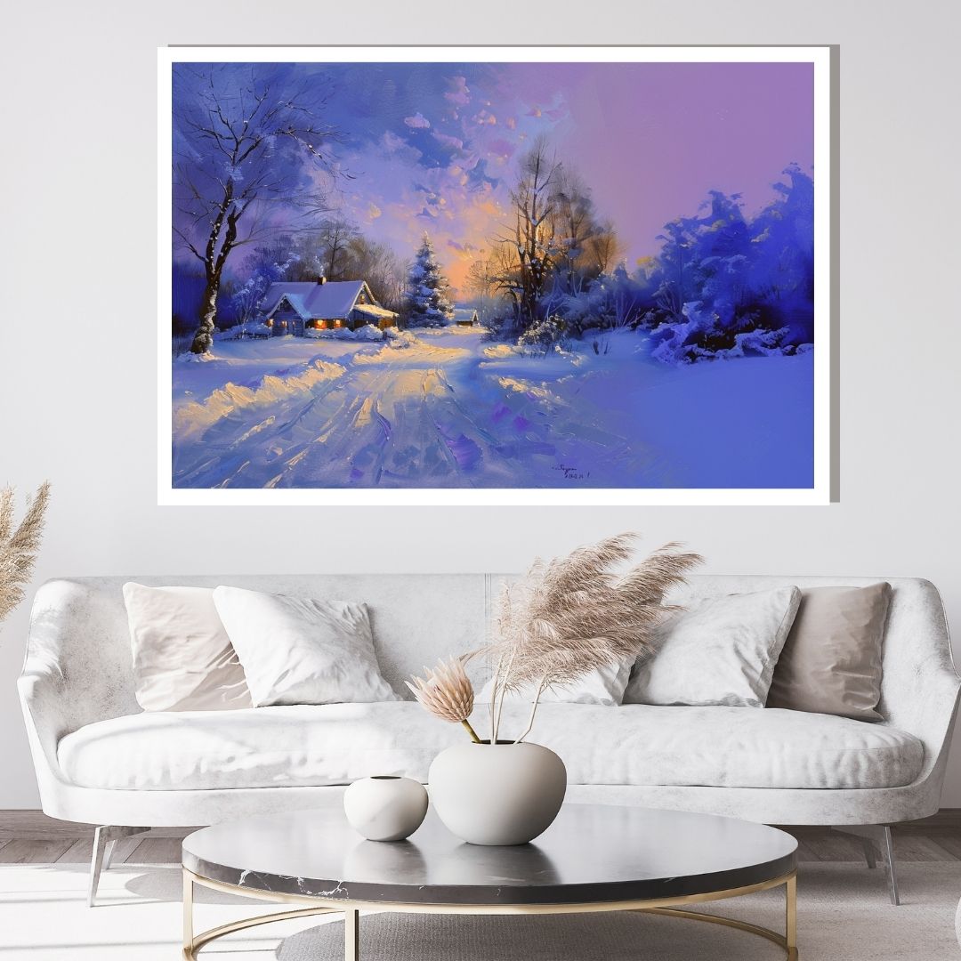 “Icy Serenade” by ArtixHub – landscape winter canvas wall art featuring a snow-covered cabin nestled in a serene white landscape with soft blues and muted grays, ideal for bedrooms, reading nooks, or wellness spaces. This tranquil scene brings peaceful charm and seasonal warmth to UAE homes seeking cozy and calming visual stories.