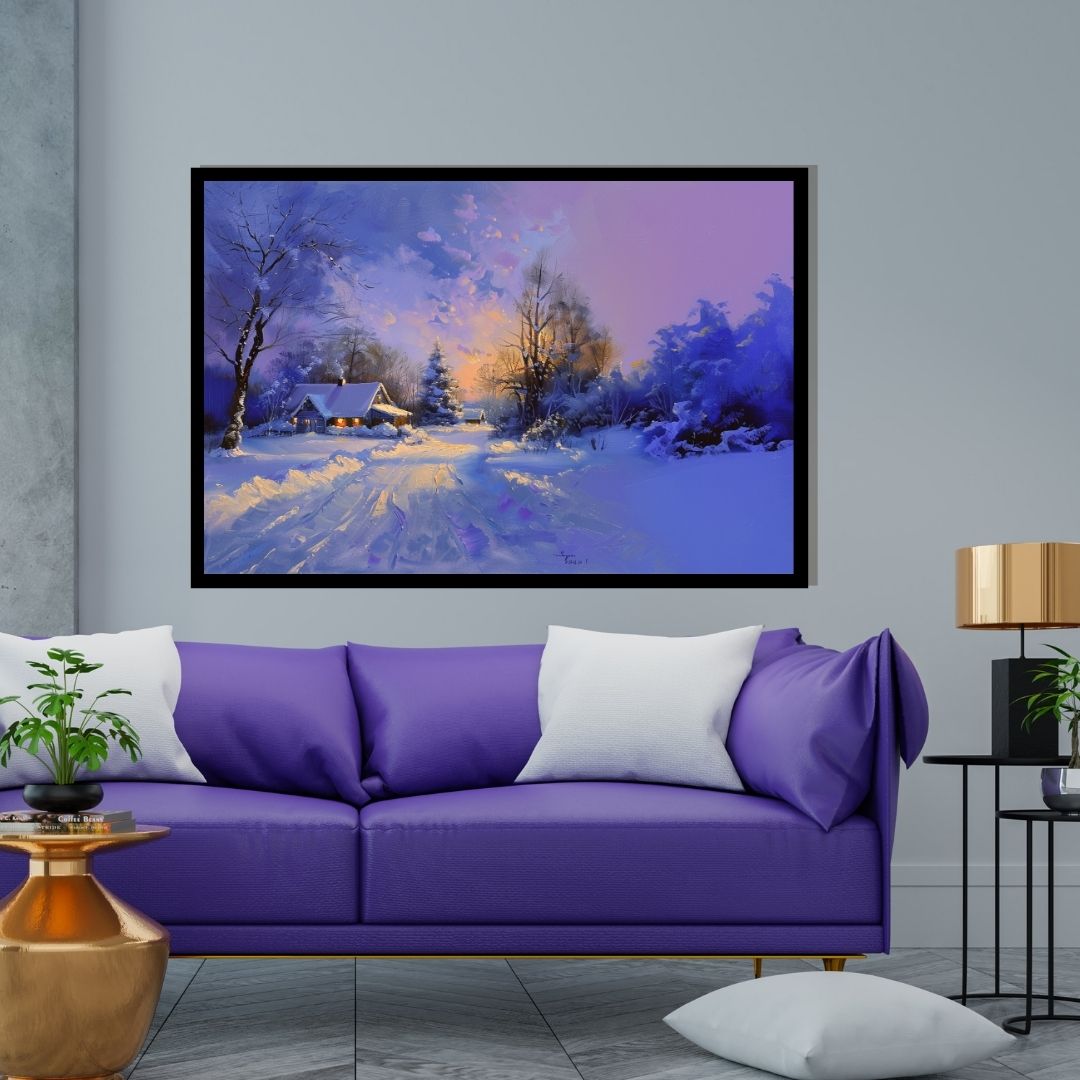“Icy Serenade” by ArtixHub – landscape winter canvas wall art featuring a snow-covered cabin nestled in a serene white landscape with soft blues and muted grays, ideal for bedrooms, reading nooks, or wellness spaces. This tranquil scene brings peaceful charm and seasonal warmth to UAE homes seeking cozy and calming visual stories.