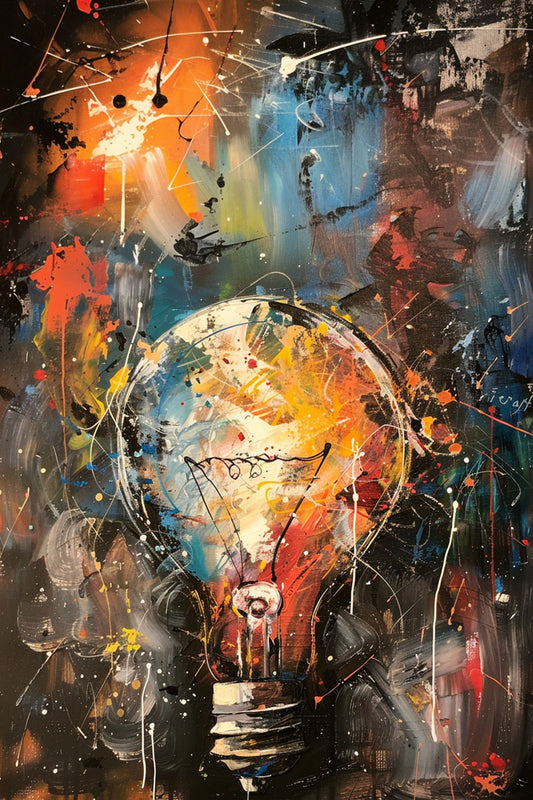 “Illuminated Thoughts” by ArtixHub – colorful abstract canvas wall art featuring a glowing lightbulb surrounded by energetic brushstrokes in red, yellow, teal, and white, ideal for studios, game rooms, or offices. This electric piece captures a spark of inspiration, perfect for UAE homes that celebrate creativity and bold expression.