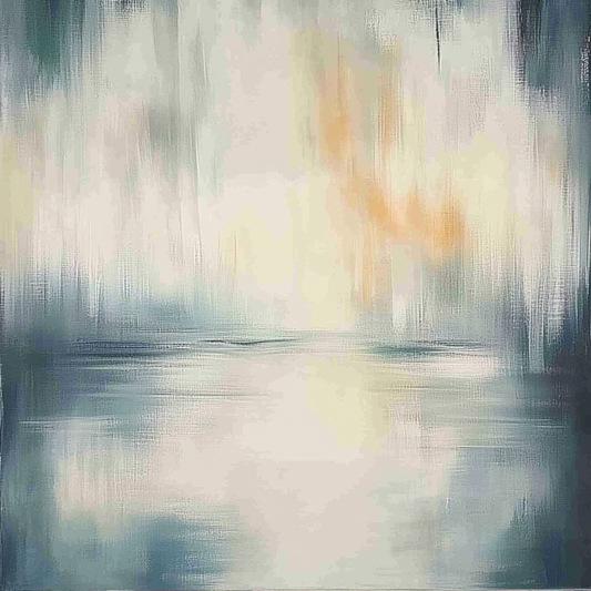 “Inland Glow” by Sarah Lemaire – abstract landscape with soft blue, amber, and cream tones suggesting glowing water reflections in a serene style.