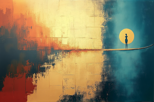 “Intertwined Passage” by Valerii – surreal abstract canvas painting of a lone figure walking a glowing line across a fiery horizon and teal sky. Available at www.artixhub.com