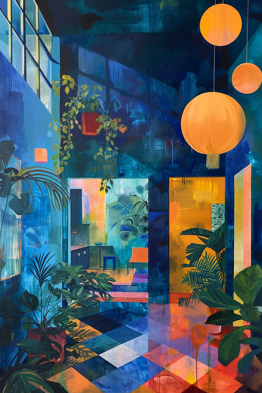 “Jungle Retreat” by ArtixHub – botanical canvas wall art featuring indoor greenery, pendant lighting, and a cozy hippy-style setting in earthy greens and soft neutrals, ideal for studios, wellness spaces, or reading nooks. A relaxing and bohemian piece that brings organic warmth and nature-inspired calm to UAE homes.