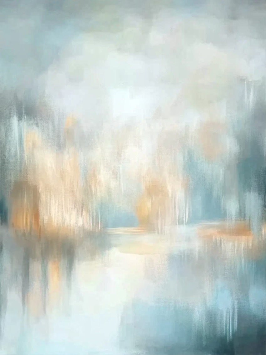 “Lacustra” by Sarah Lemaire – abstract landscape with teal, ochre, and grey tones suggesting a serene lakeside view in a soft, atmospheric style.