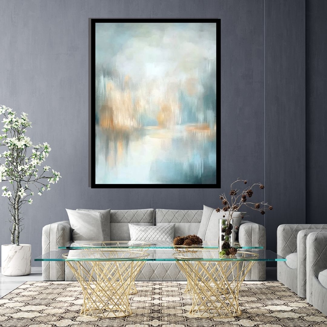 “Lacustra” by Sarah Lemaire – abstract landscape with teal, ochre, and grey tones suggesting a serene lakeside view in a soft, atmospheric style