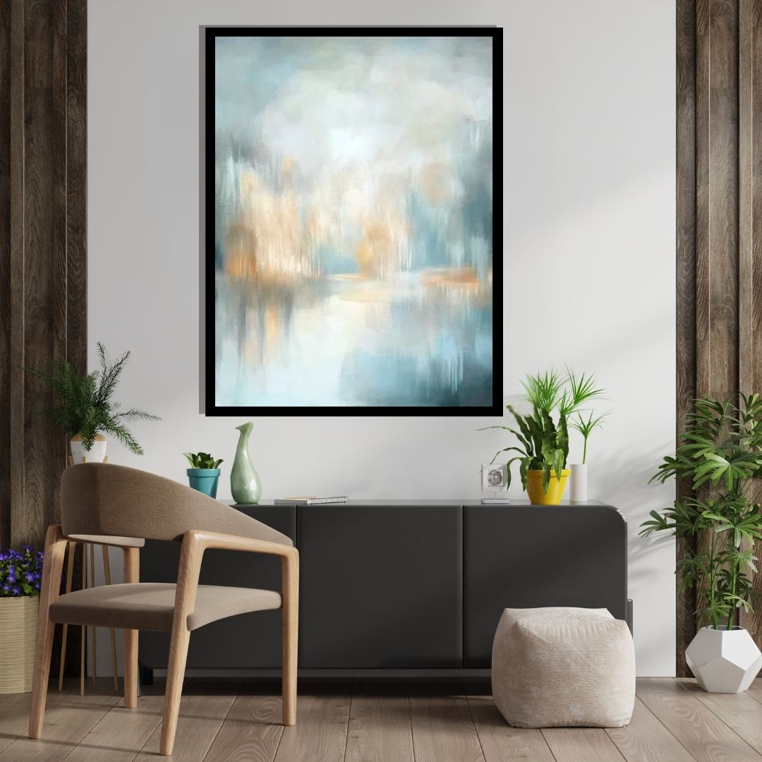 “Lacustra” by Sarah Lemaire – abstract landscape with teal, ochre, and grey tones suggesting a serene lakeside view in a soft, atmospheric style.