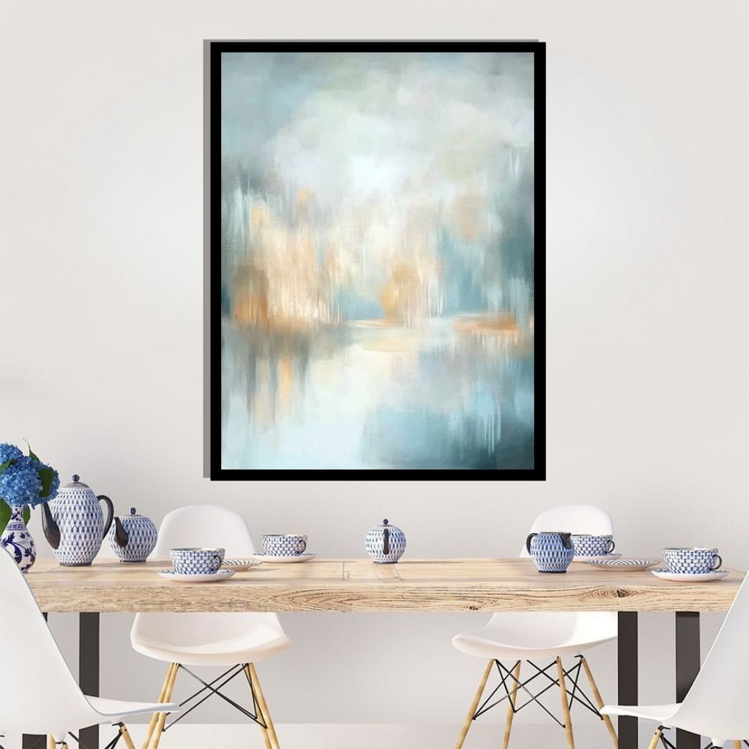 “Lacustra” by Sarah Lemaire – abstract landscape with teal, ochre, and grey tones suggesting a serene lakeside view in a soft, atmospheric style.