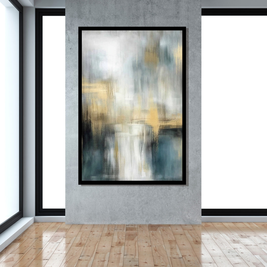 “Lagoon Drift” by Sarah Lemaire – abstract canvas painting in gold, deep blue, and soft grey tones with layered lagoon-like texture and minimalist expression