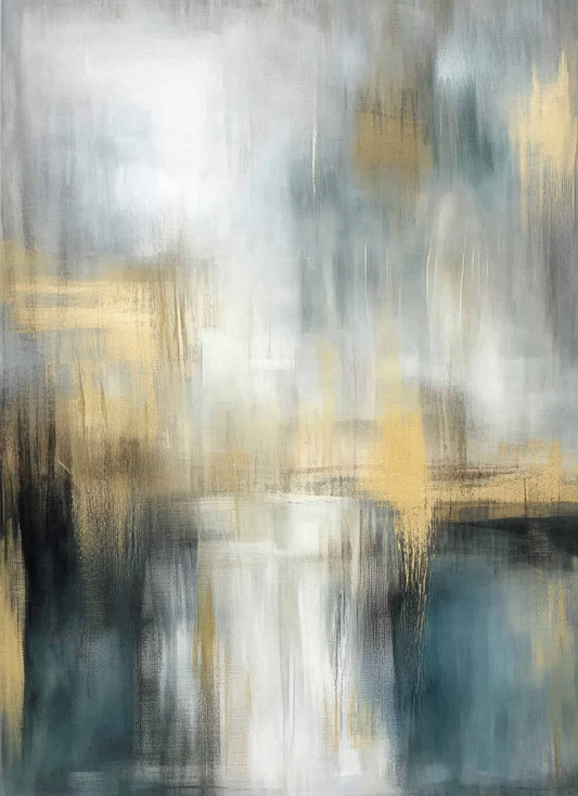 “Lagoon Drift” by Sarah Lemaire – abstract canvas painting in gold, deep blue, and soft grey tones with layered lagoon-like texture and minimalist expression