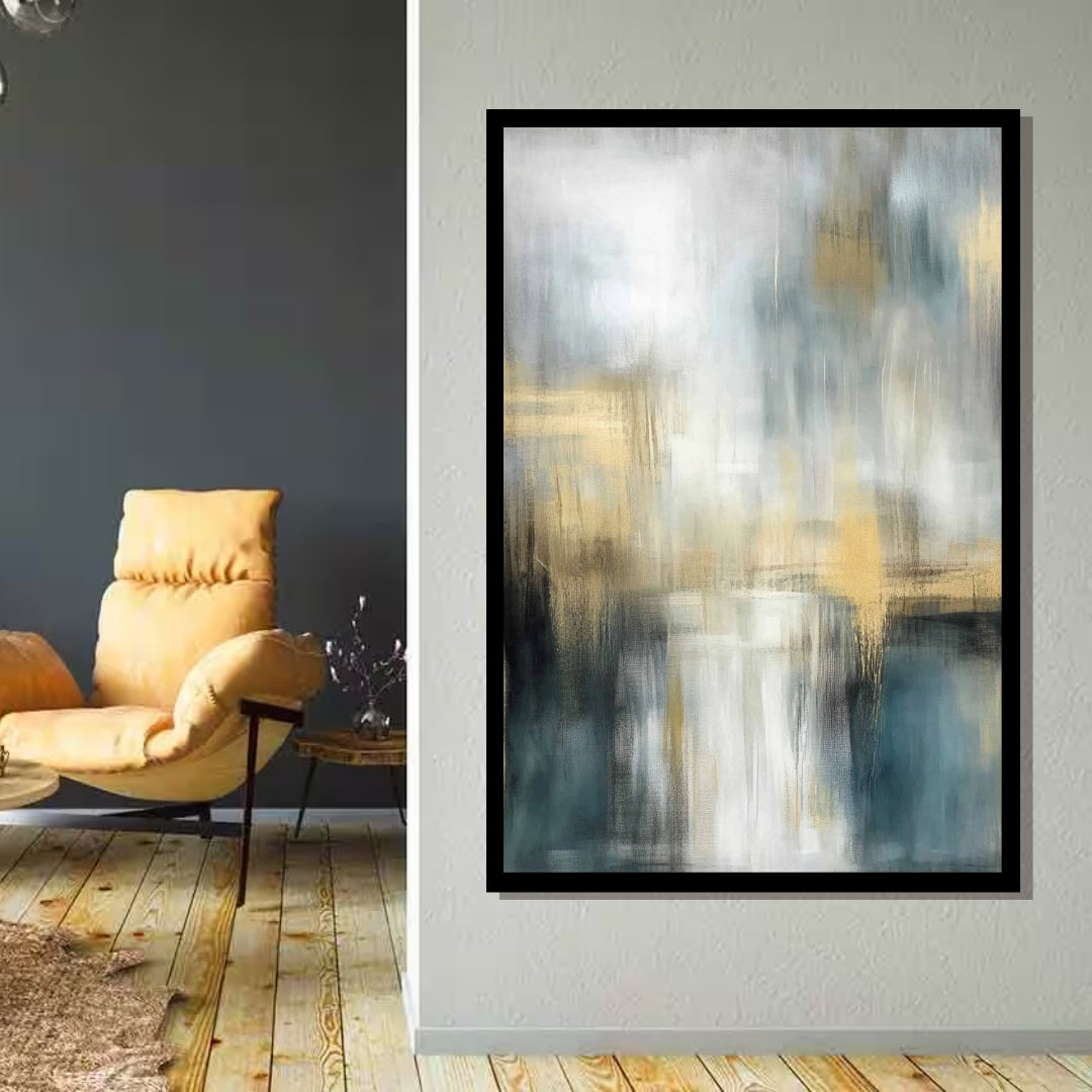 “Lagoon Drift” by Sarah Lemaire – abstract canvas painting in gold, deep blue, and soft grey tones with layered lagoon-like texture and minimalist expression