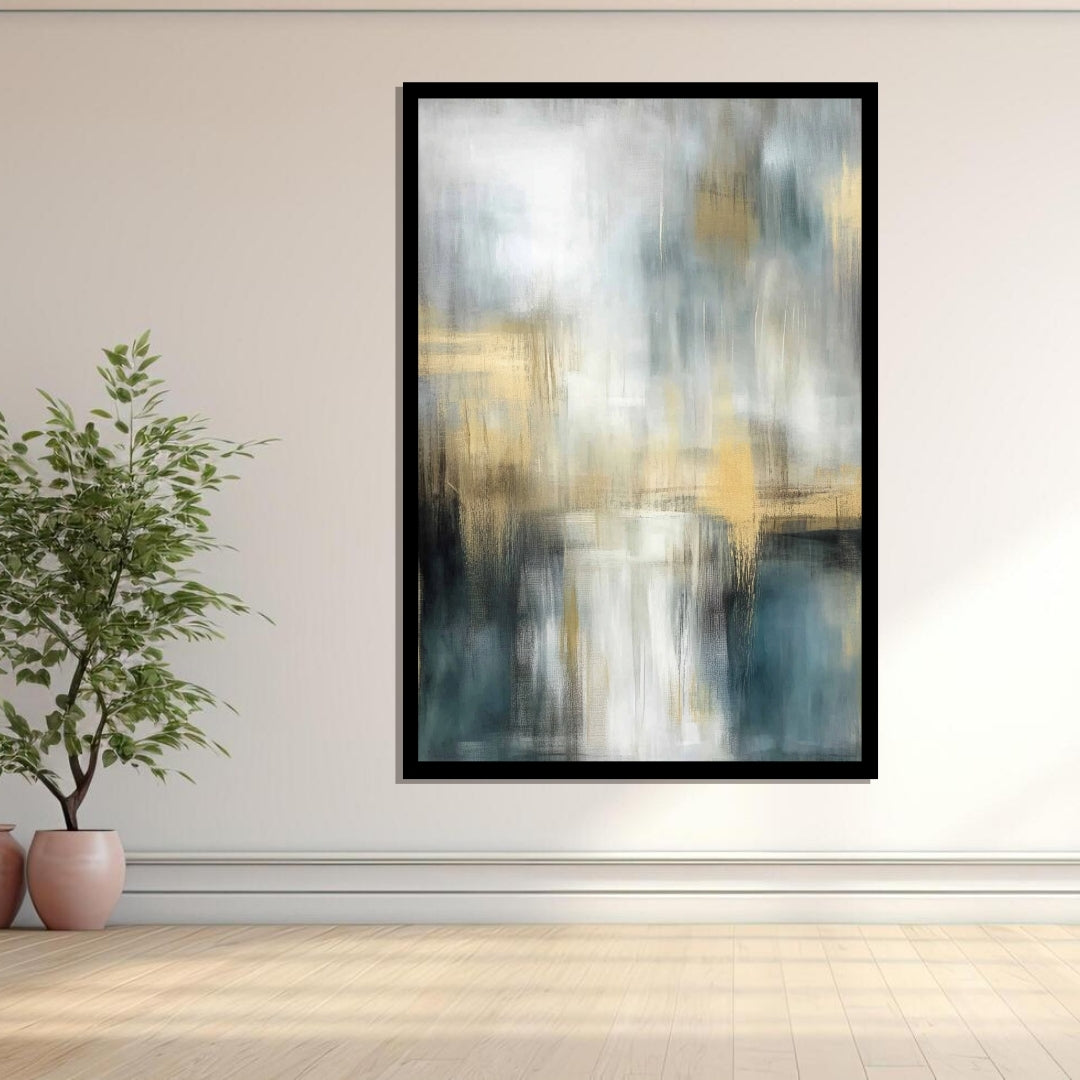 “Lagoon Drift” by Sarah Lemaire – abstract canvas painting in gold, deep blue, and soft grey tones with layered lagoon-like texture and minimalist expression