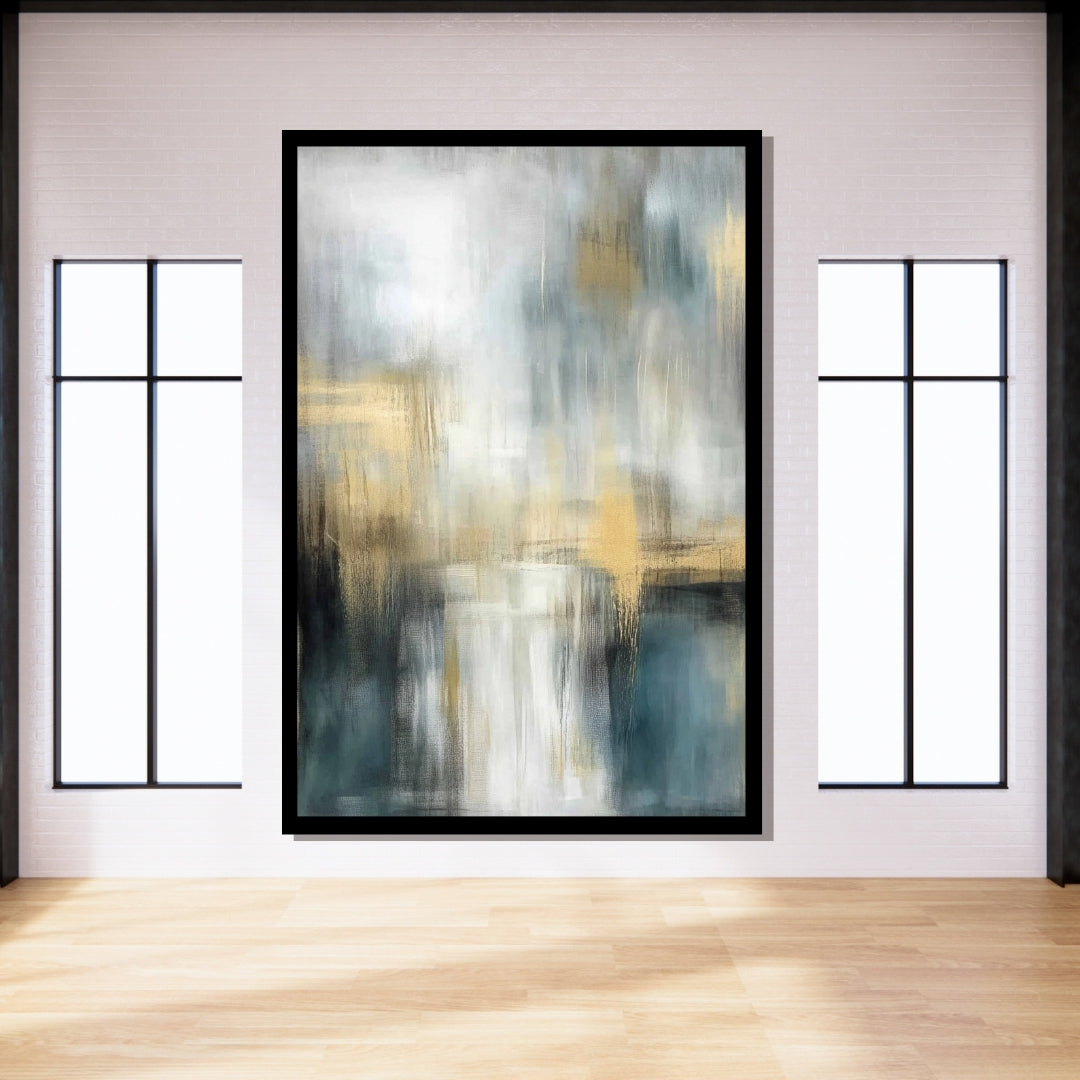 “Lagoon Drift” by Sarah Lemaire – abstract canvas painting in gold, deep blue, and soft grey tones with layered lagoon-like texture and minimalist expression