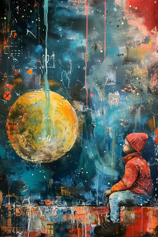 “Little Dreamer” by ArtixHub – figurative canvas wall art featuring a child gazing at the sky beneath a glowing moon, with soft purples, blues, and neutral tones, ideal for kids’ rooms, reading nooks, or wellness spaces. A poetic and imaginative piece that inspires wonder and reflection, perfect for UAE homes with dreamy, thoughtful interiors.