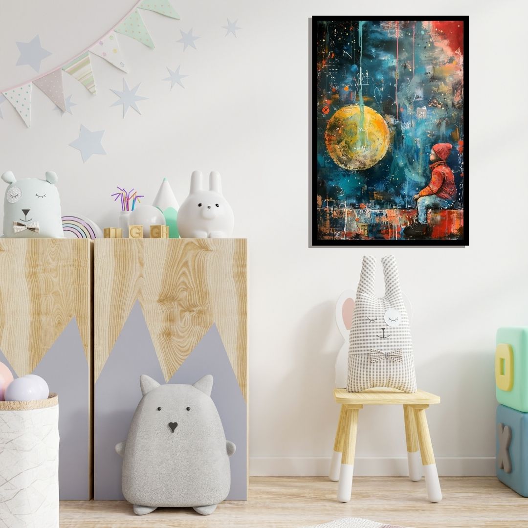 “Little Dreamer” by ArtixHub – figurative canvas wall art featuring a child gazing at the sky beneath a glowing moon, with soft purples, blues, and neutral tones, ideal for kids’ rooms, reading nooks, or wellness spaces. A poetic and imaginative piece that inspires wonder and reflection, perfect for UAE homes with dreamy, thoughtful interiors.