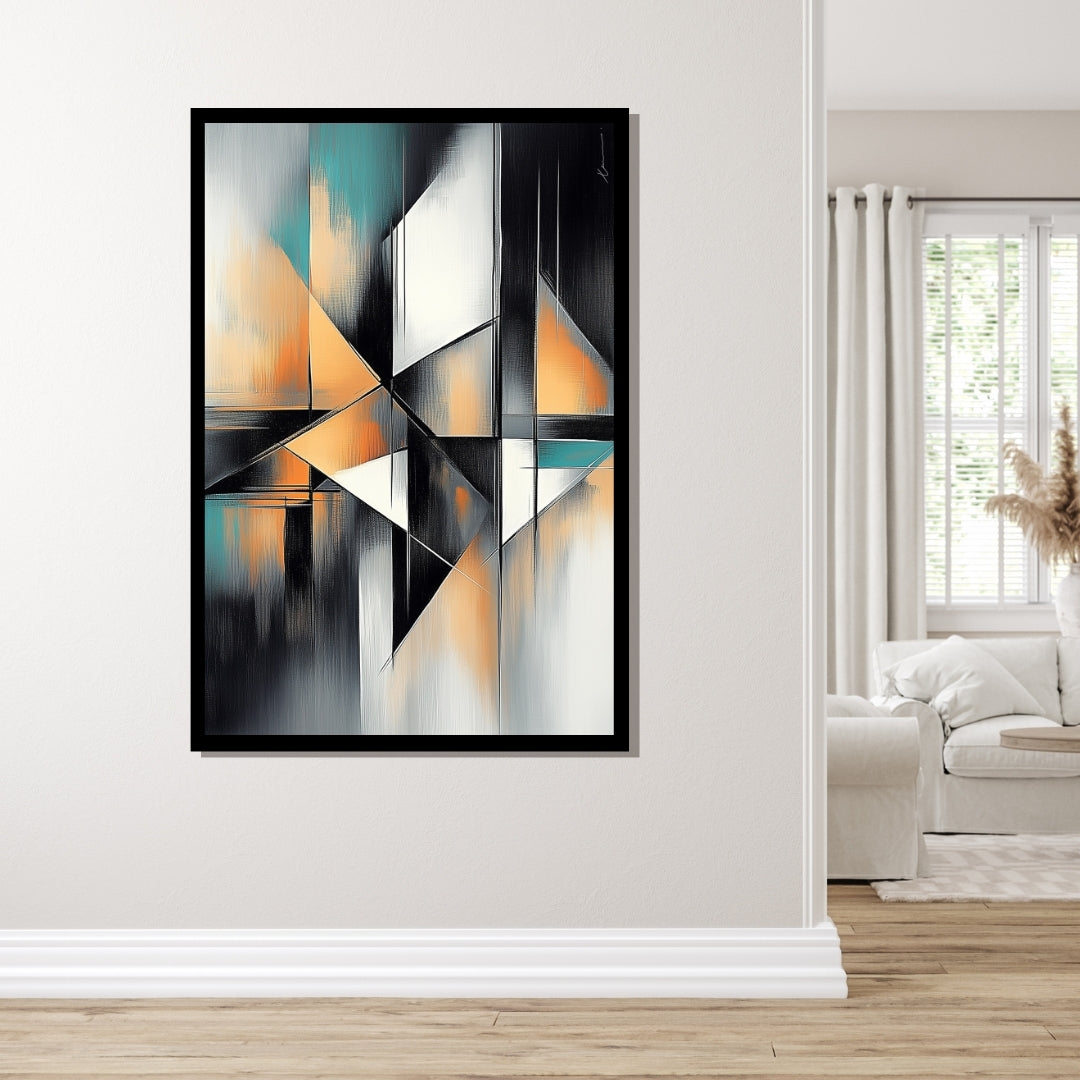 “Lost in Thoughts” by Xennoir – abstract geometric painting in teal, black, white, and orange tones, symbolizing mental fragmentation and introspection.