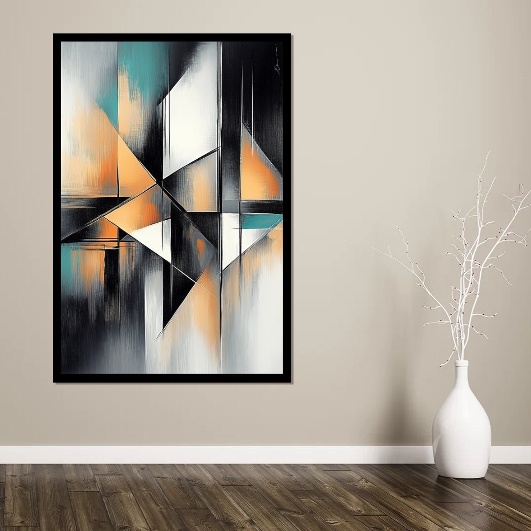 “Lost in Thoughts” by Xennoir – abstract geometric painting in teal, black, white, and orange tones, symbolizing mental fragmentation and introspection.